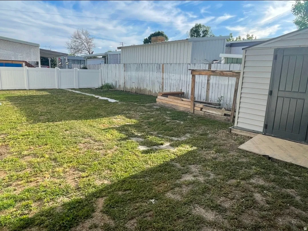 Fenced backyard with a shed