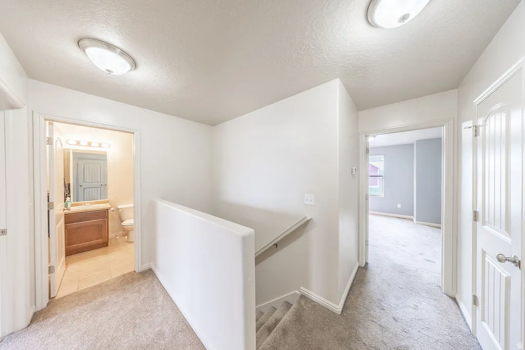 Upper-level hallway featuring light gray carpeting, white walls, and two flush-mount ceiling lights