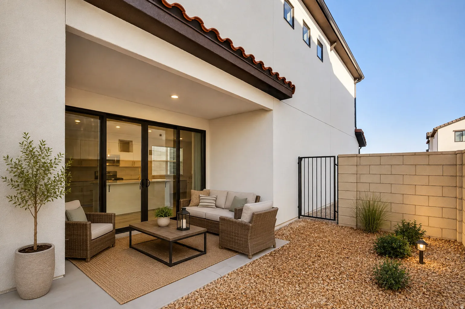 Covered outdoor patio-Home is not furnished. Furnishings/Decor shown are examples only and are not included.