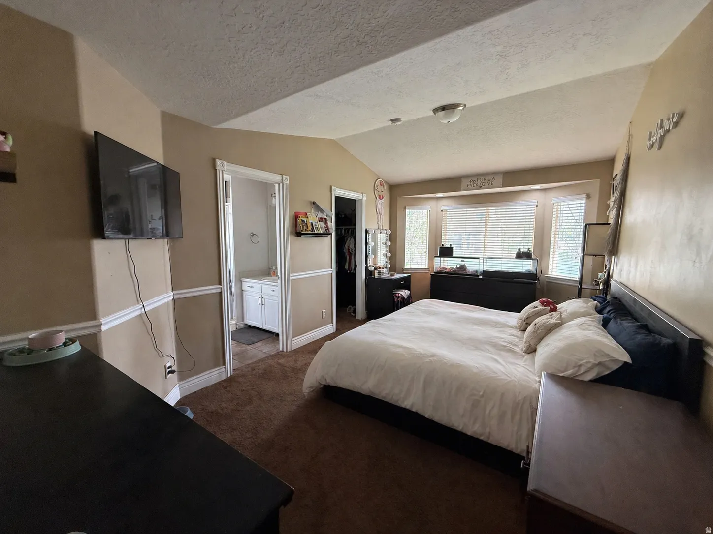 Bedroom featuring a spacious closet, dark colored carpet, and ensuite bath