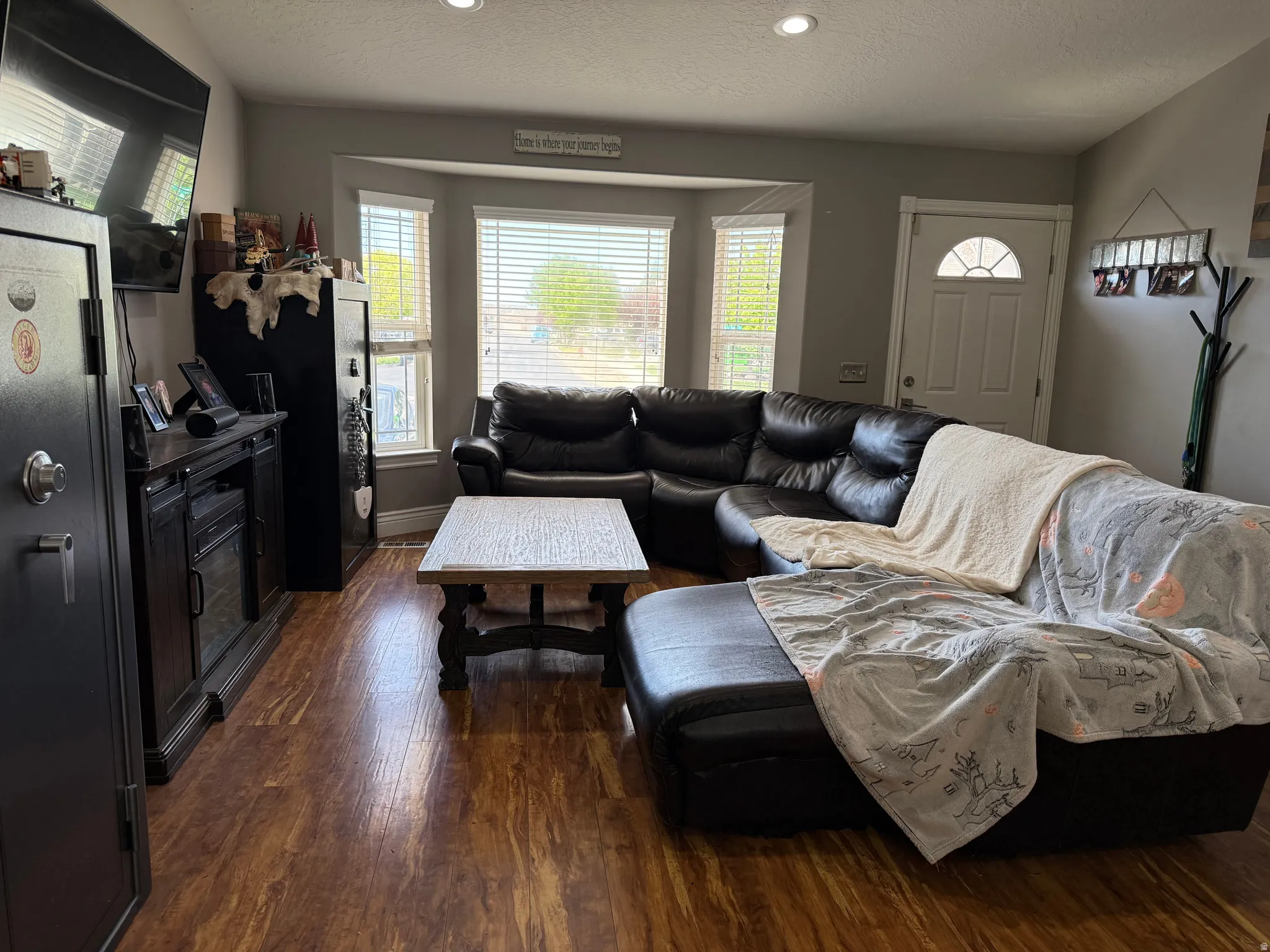 Living room featuring dark wood-style flooring, a textured ceiling, healthy amount of natural light, and recessed lighting