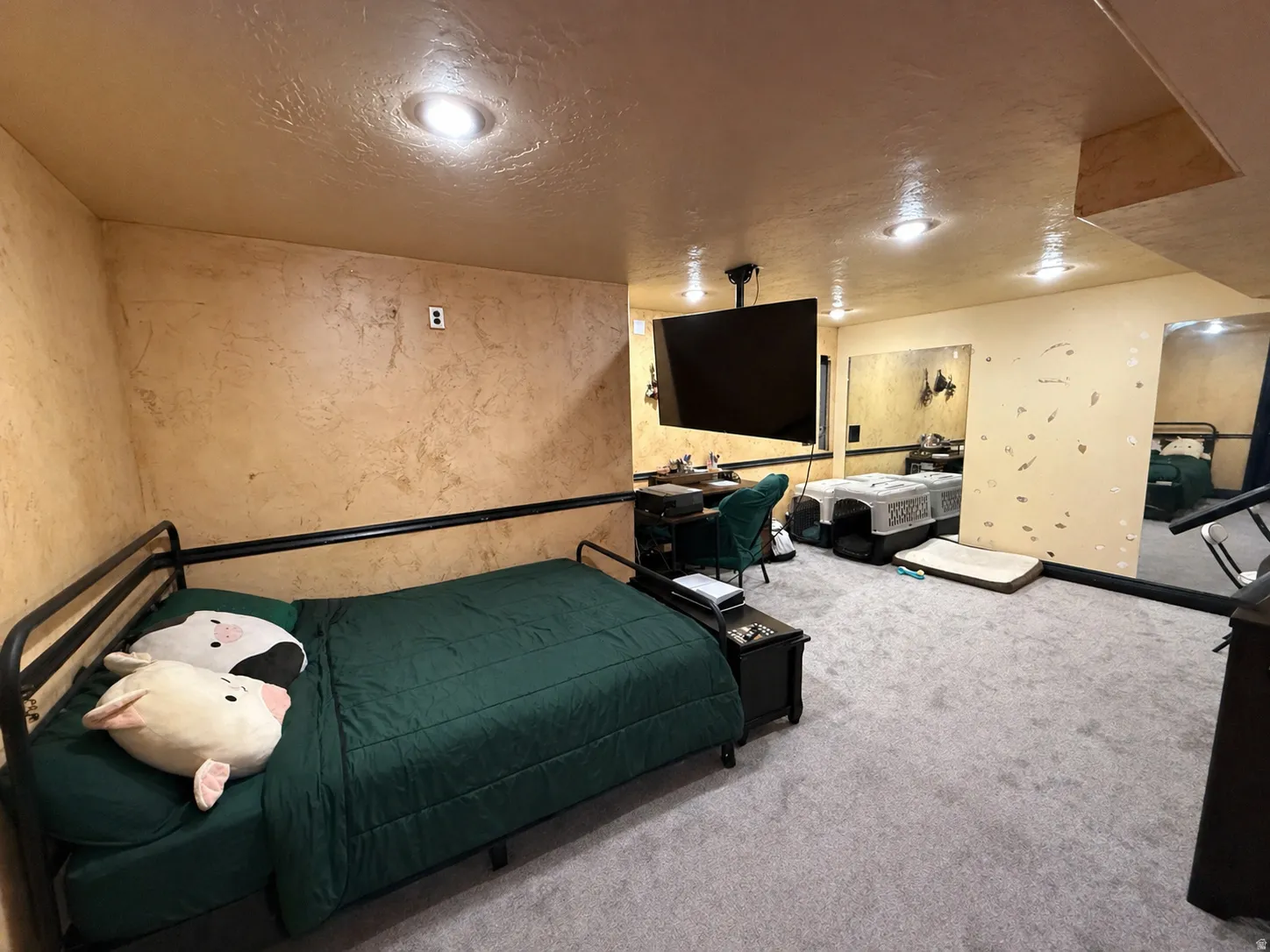 Carpeted bedroom with a textured ceiling