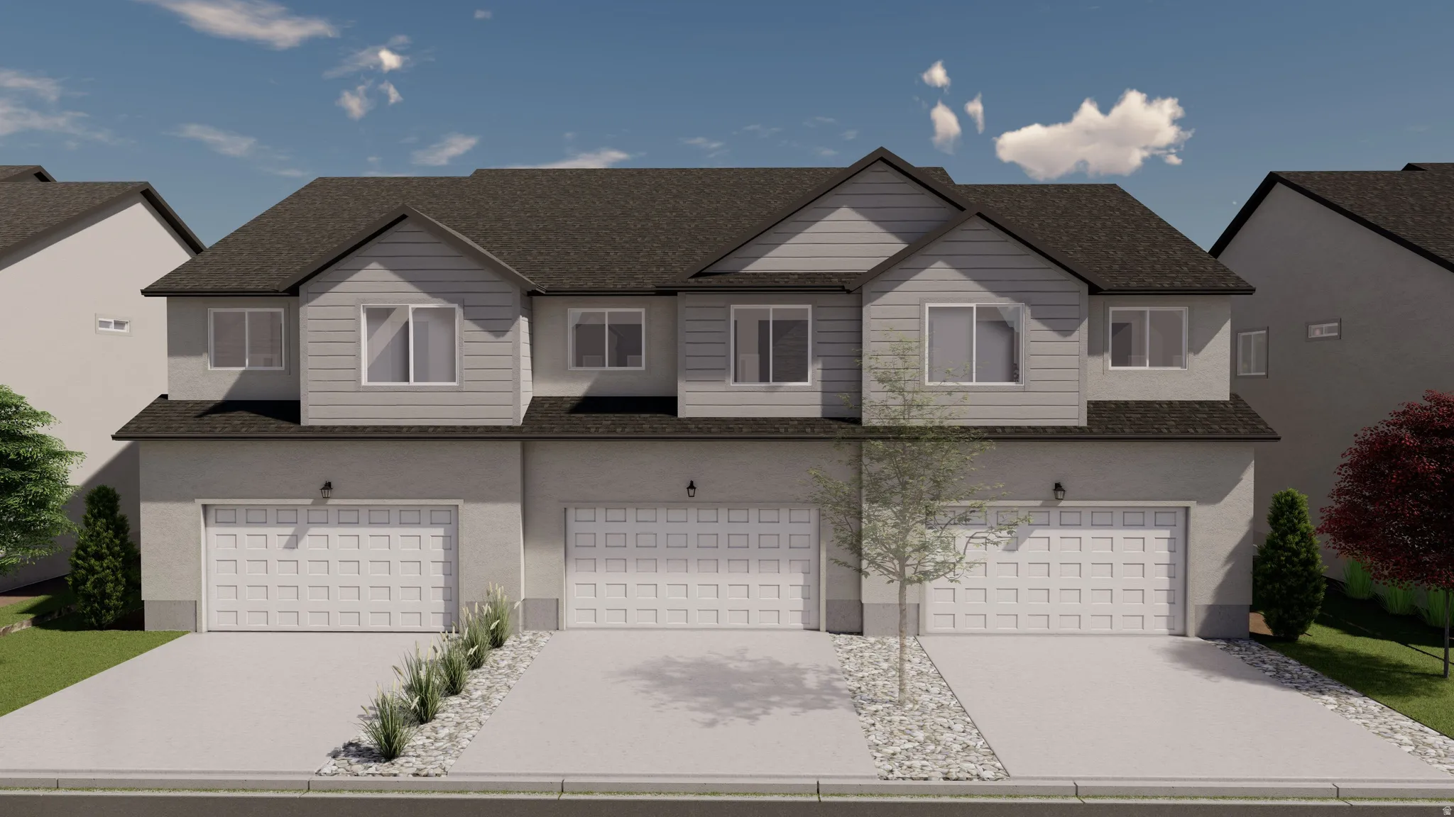 View of front facade featuring a garage, concrete driveway, a shingled roof, and stucco siding