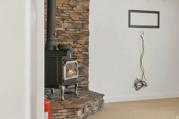 Detailed view of carpet floors and a wood stove