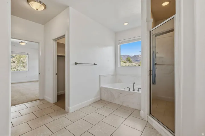 Full bath with a marble finish shower, a bath, light tile patterned floors, and a spacious closet