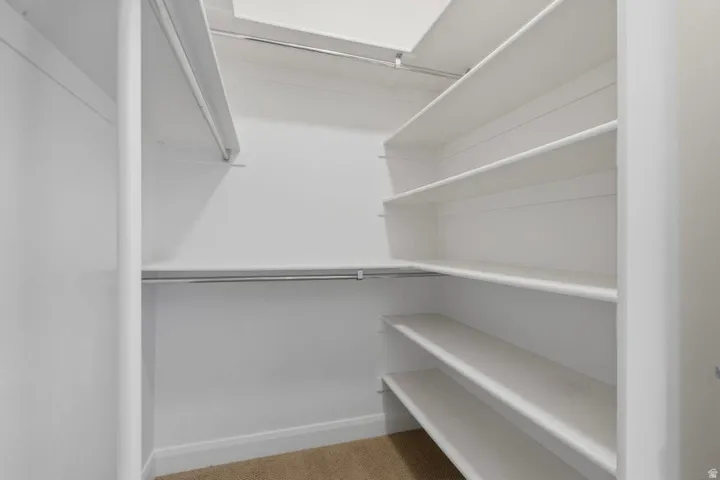 Walk in closet with light colored carpet