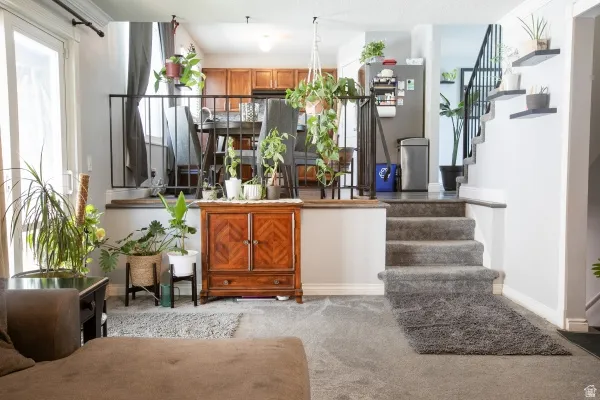 Interior space with carpet floors and plenty of natural light