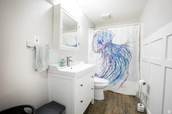 Full bathroom featuring vanity and dark wood-type flooring