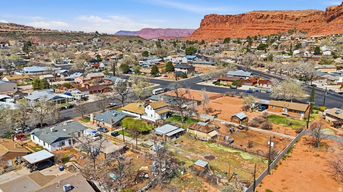 Aerial perspective of suburban area with mountains