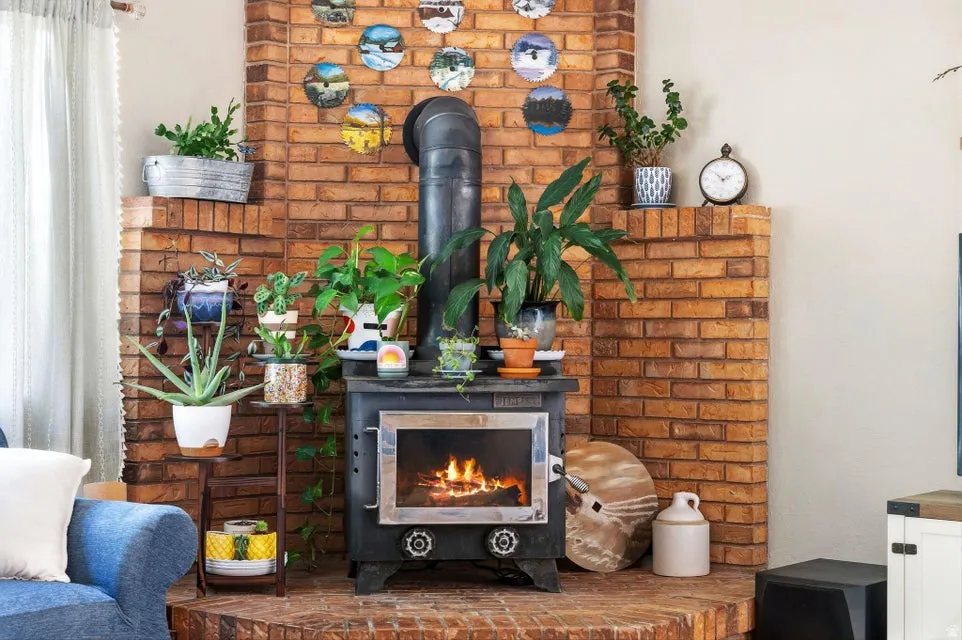 Detailed view of a lit fireplace