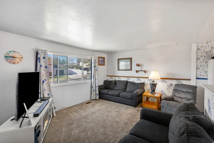 Carpeted living area featuring a large window, neutral wall finishes, and a decorative chair rail