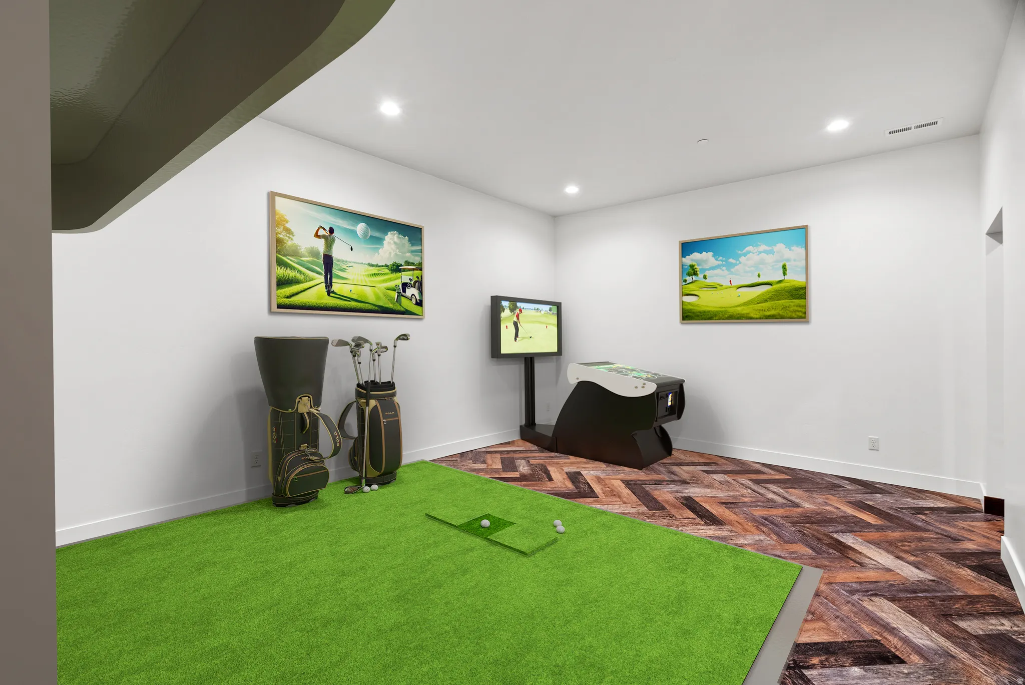Playroom featuring recessed lighting and parquet flooring