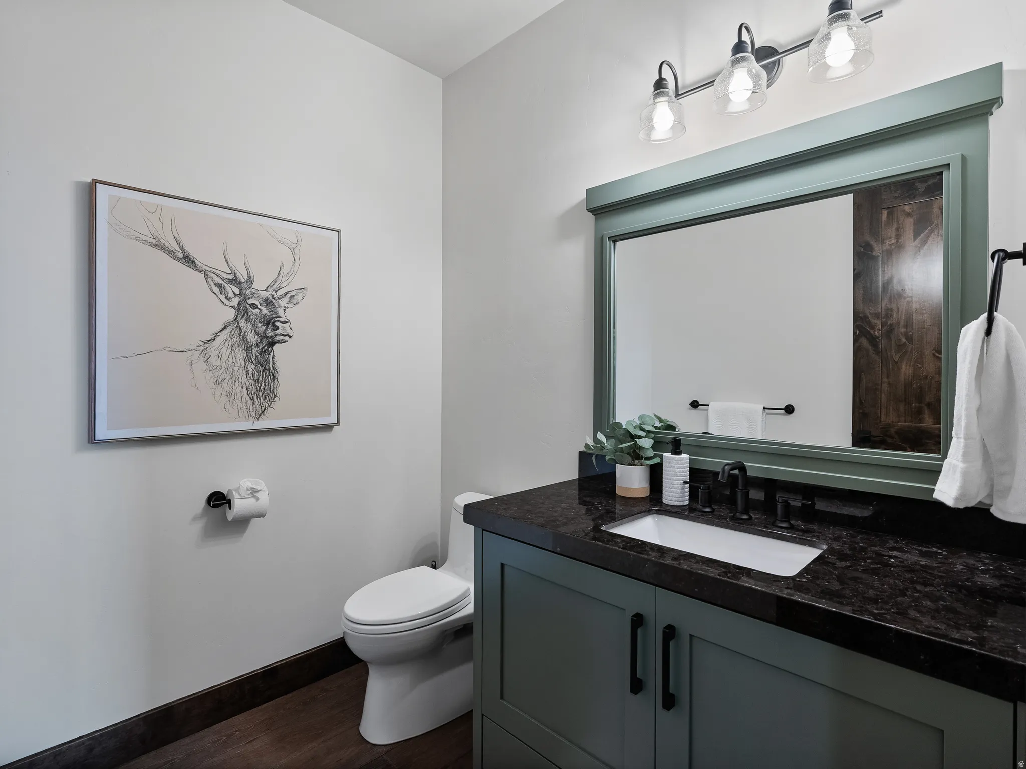 Half bathroom with vanity and dark wood finished floors