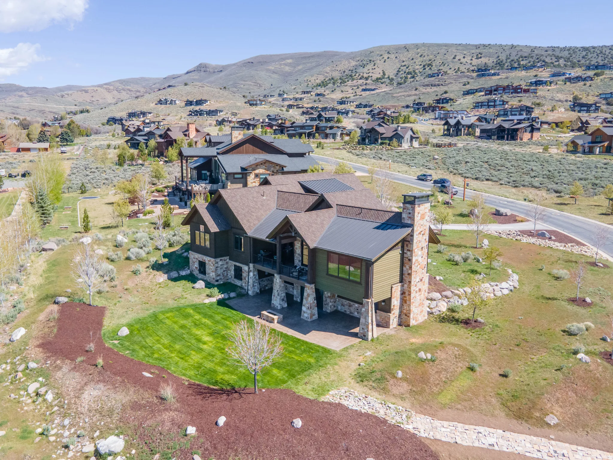 Aerial perspective of suburban area with mountains