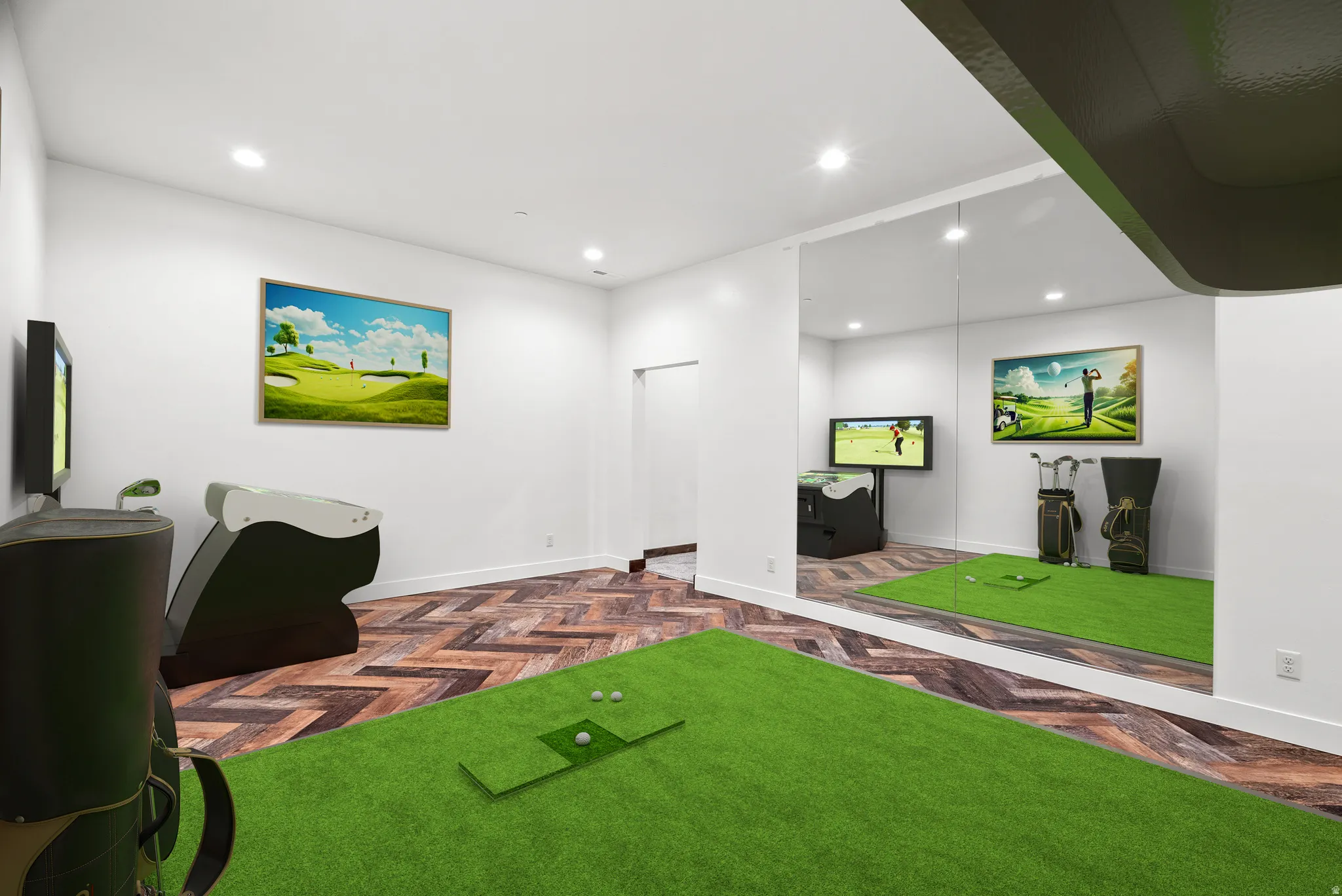 Playroom featuring recessed lighting and parquet flooring