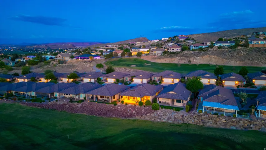 Aerial view at dusk of a residential view