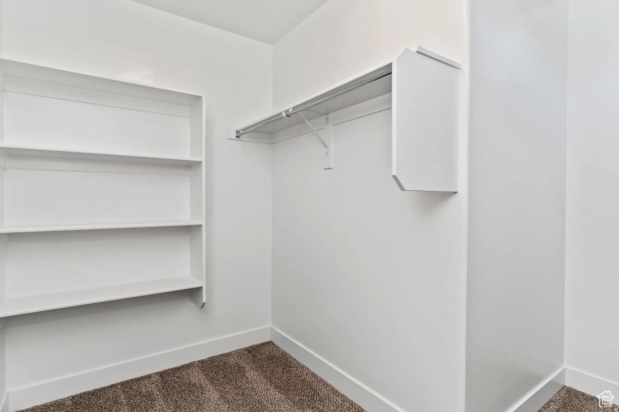 Walk in closet with dark colored carpet