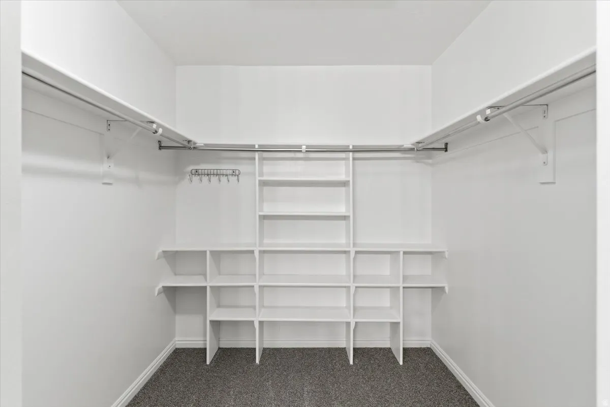Walk in closet featuring dark colored carpet