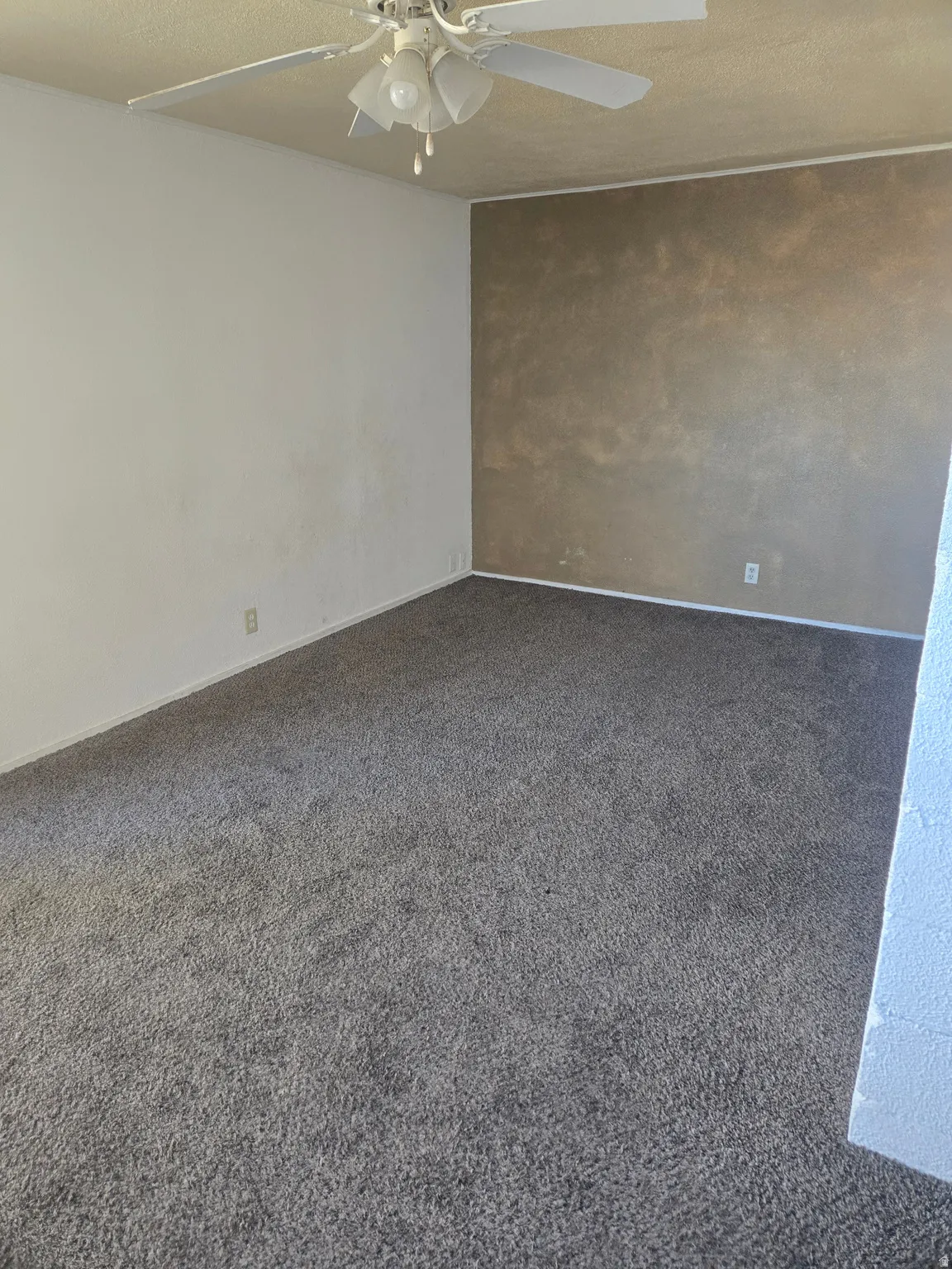 Spare room featuring dark colored carpet, a ceiling fan, and a textured ceiling