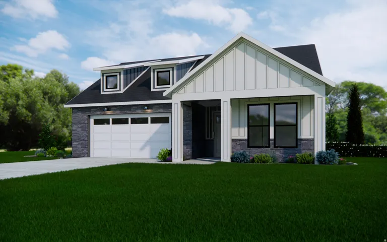 View of front of home featuring stone siding, a front yard, driveway, and board and batten siding