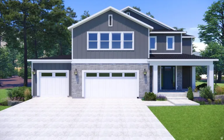 View of front of home featuring stone siding, driveway, a front lawn, an attached garage, and a porch