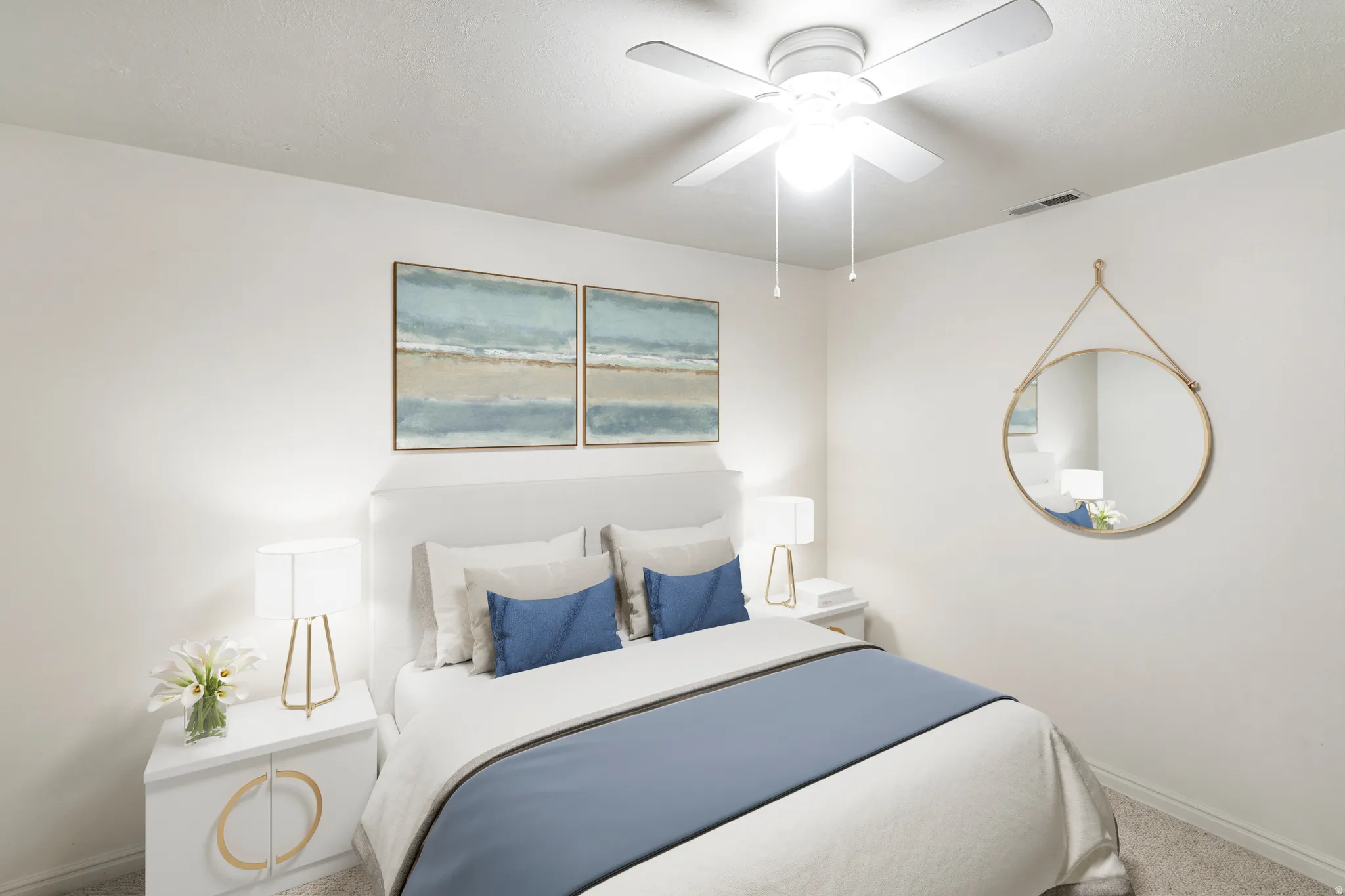 Bedroom featuring carpet flooring and ceiling fan