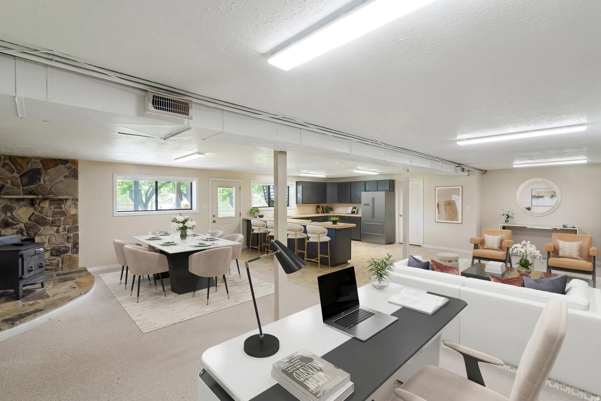 Dining room with a wood stove and a textured ceiling