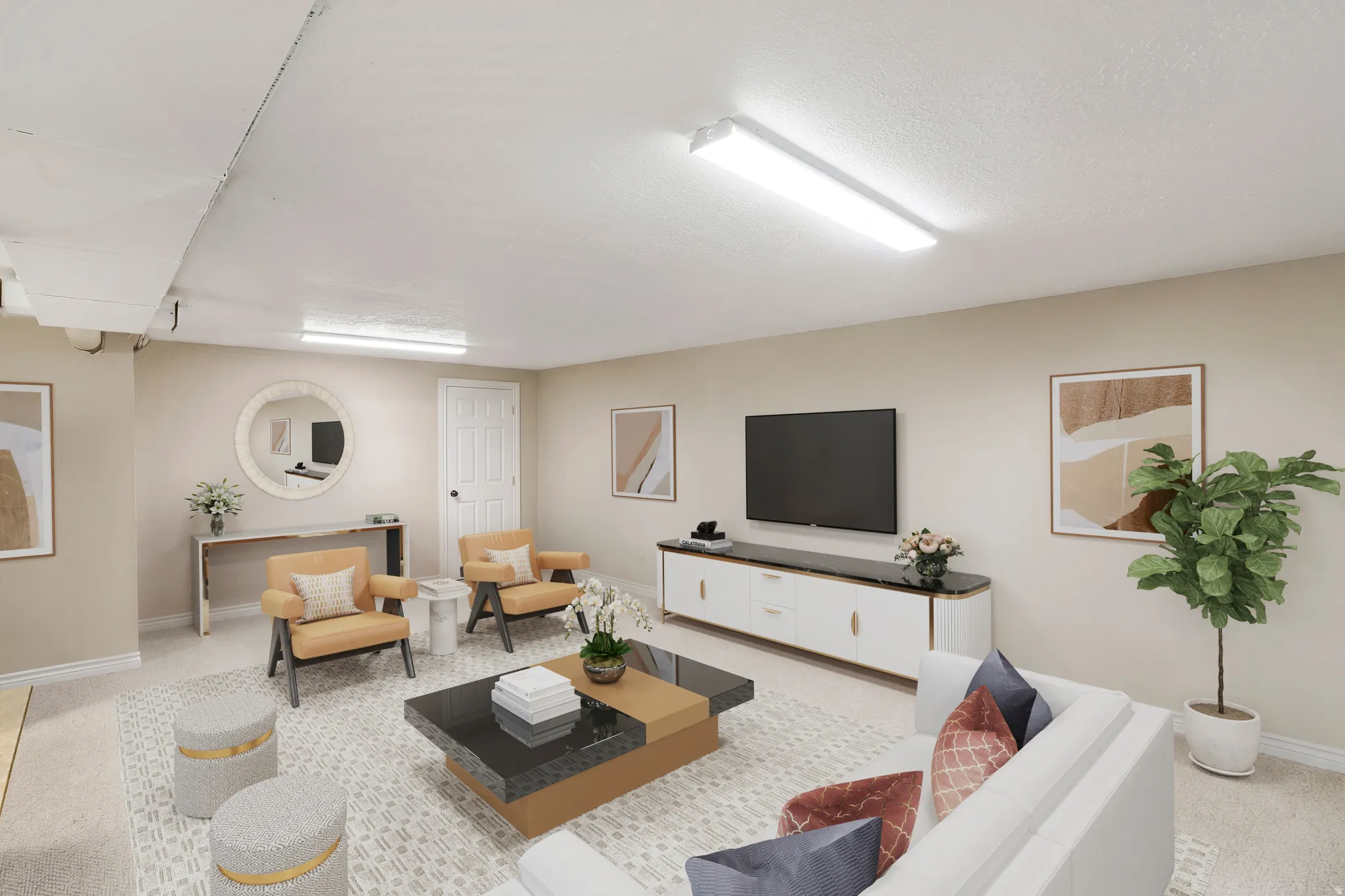 Living room with light carpet and baseboards