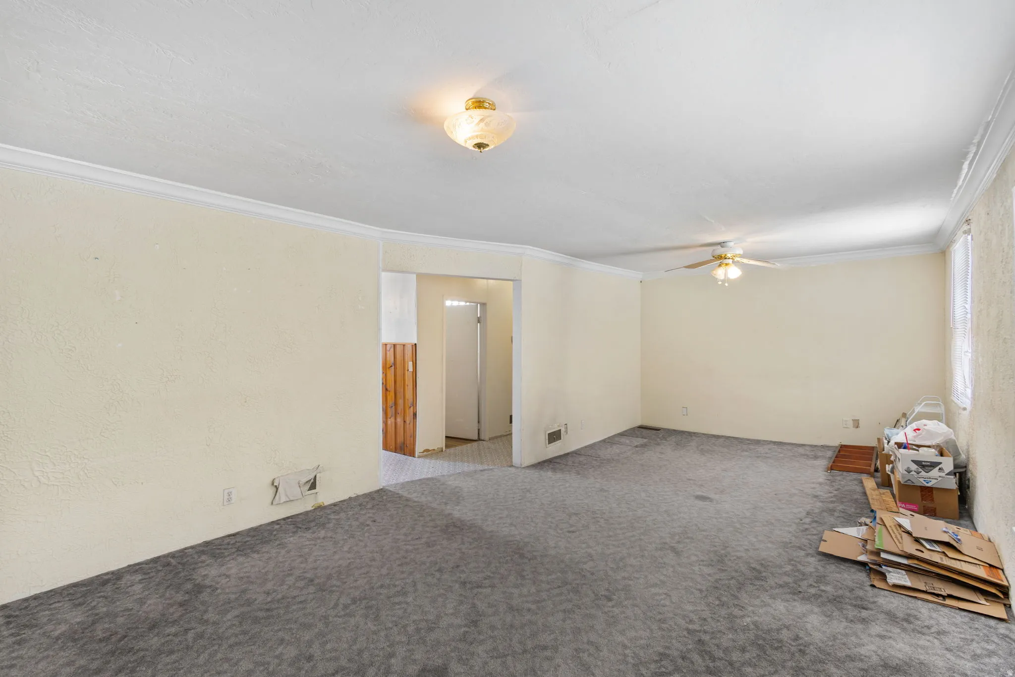 Carpeted spare room with ornamental molding, a textured wall, and a ceiling fan