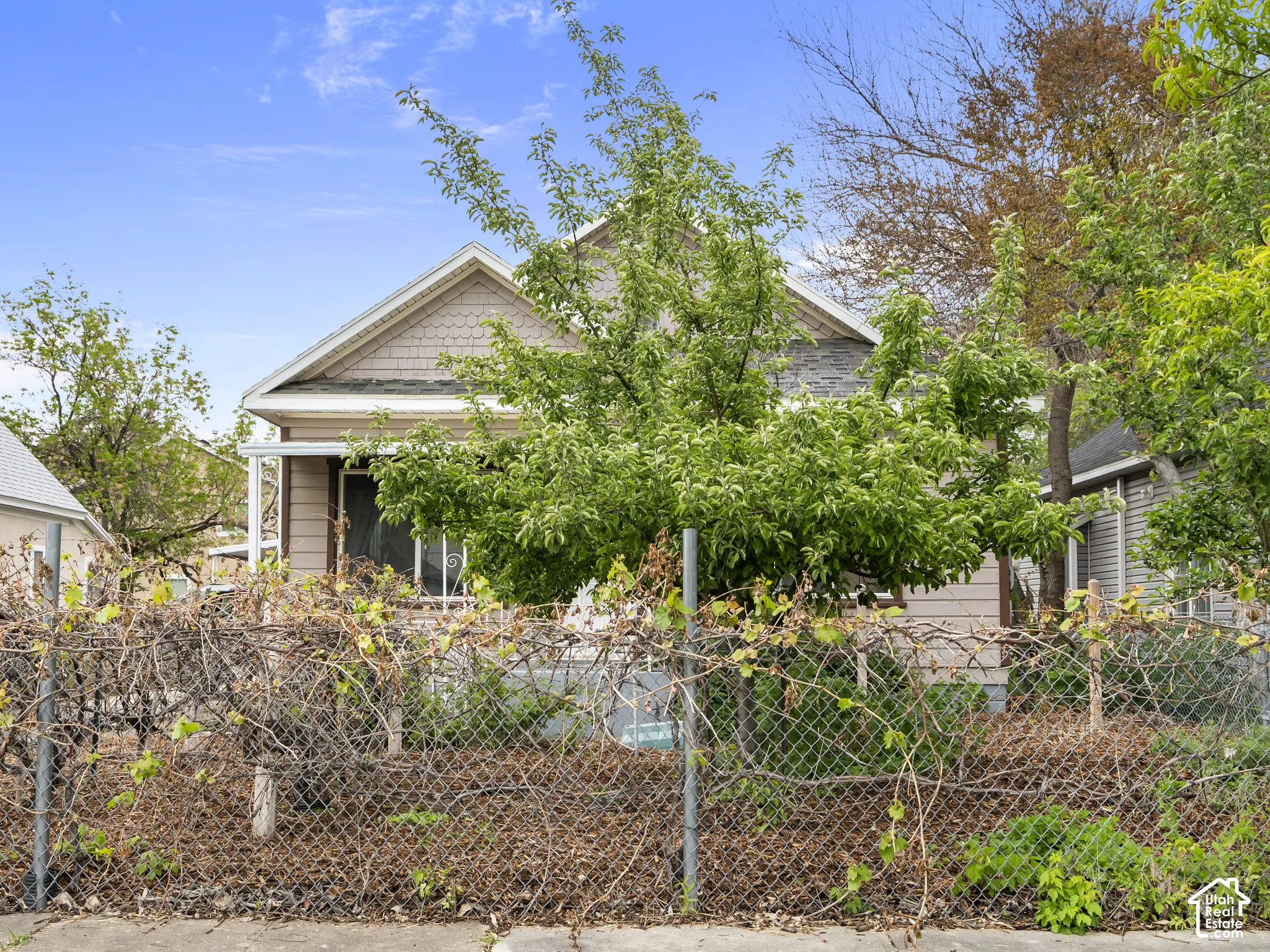 View of front of home featuring a fenced front yard and roof with shingles