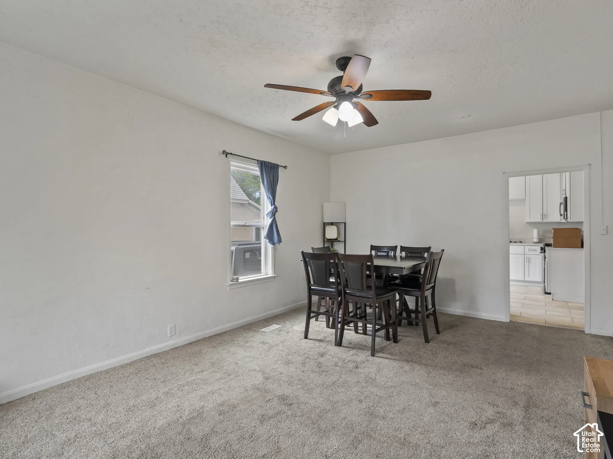 Dining room featuring light colored carpet, a ceiling fan, and a textured ceiling