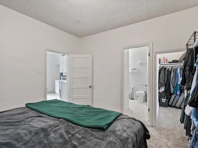 Bedroom with light colored carpet, a textured ceiling, a spacious closet, and a textured wall