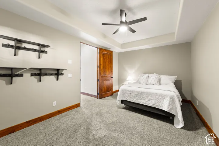Bedroom featuring carpet flooring, a raised ceiling, and a ceiling fan
