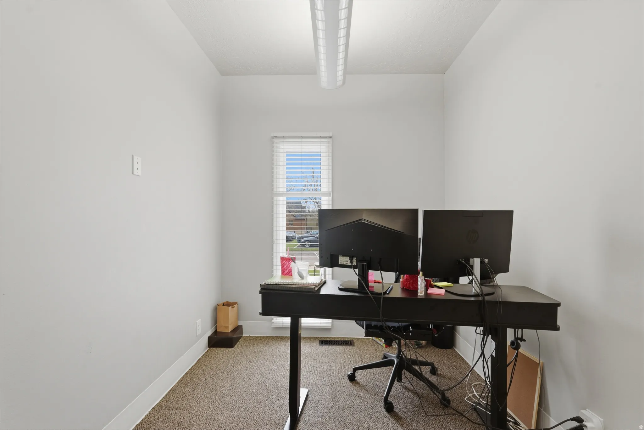 Office area featuring light colored carpet and baseboards