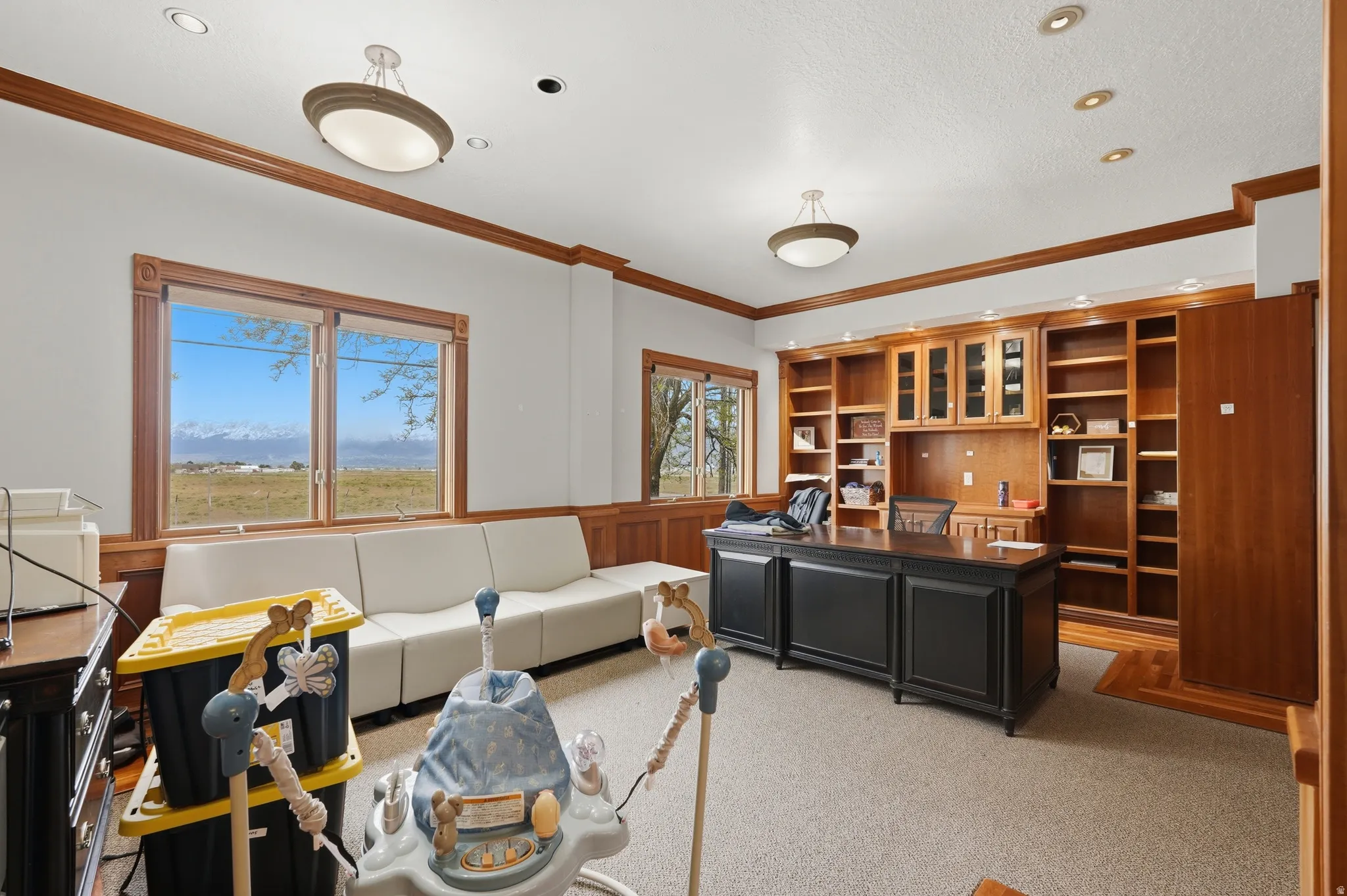 Office featuring light colored carpet and crown molding