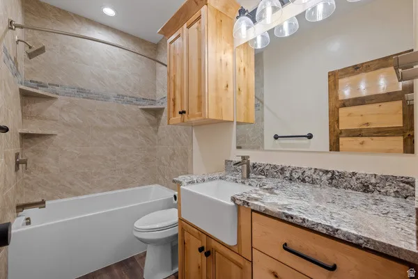Full bathroom featuring vanity, bathtub / shower combination, and dark wood-style flooring