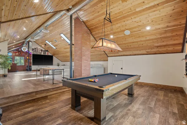 Game room featuring billiards, a wood ceiling with exposed beams, and recessed lighting