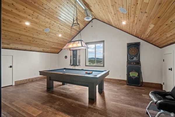 Game room featuring billiards table, wood ceiling, dark wood-style flooring, and recessed lighting
