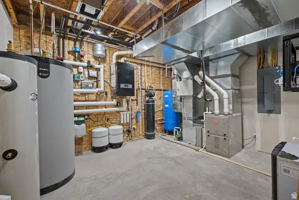 Utilities with water heater and electric panel