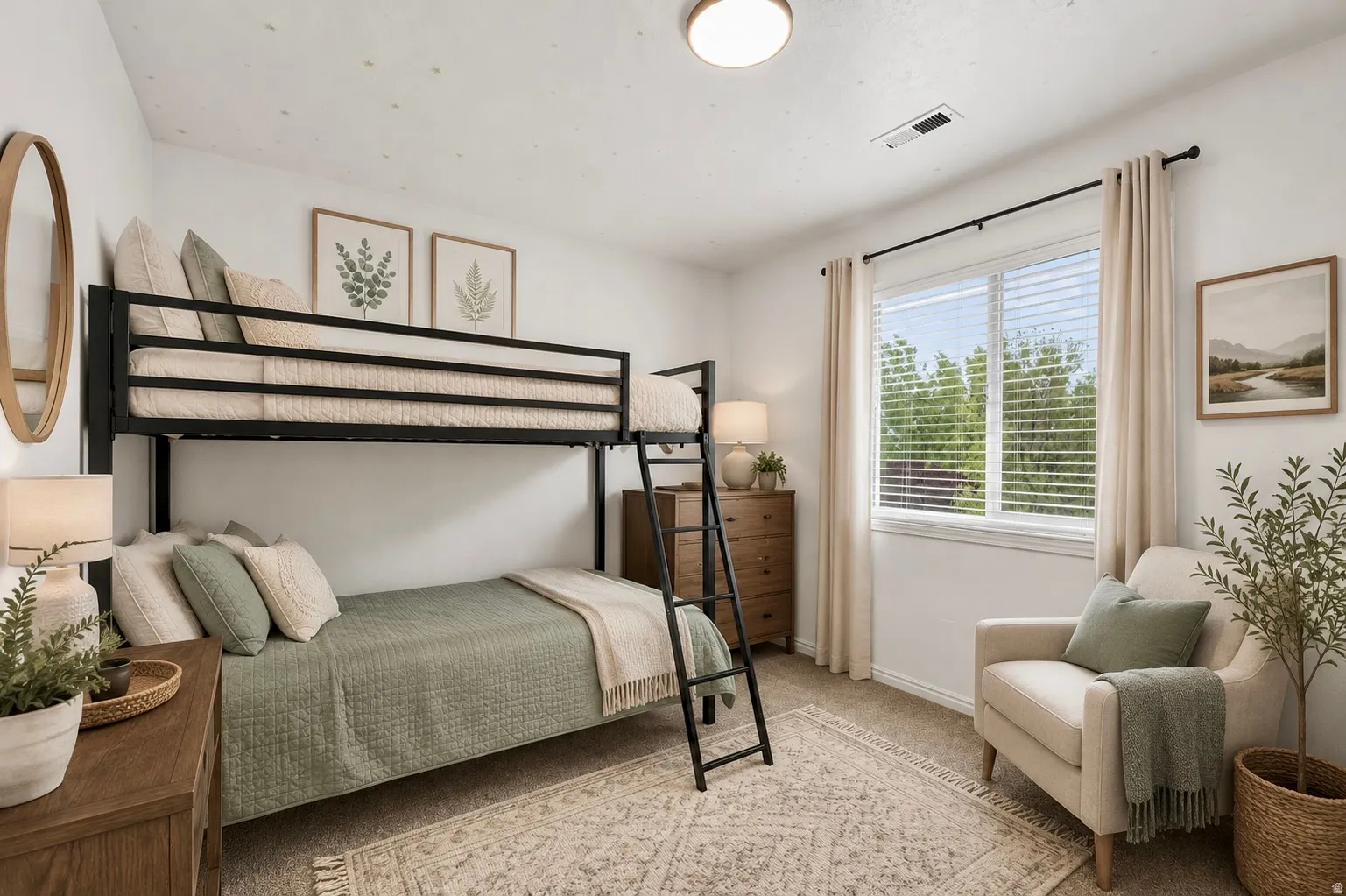 Bright secondary bedroom with black metal bunk bed frame, neutral wood-finish nightstand, and large glass sliding doors opening to natural light