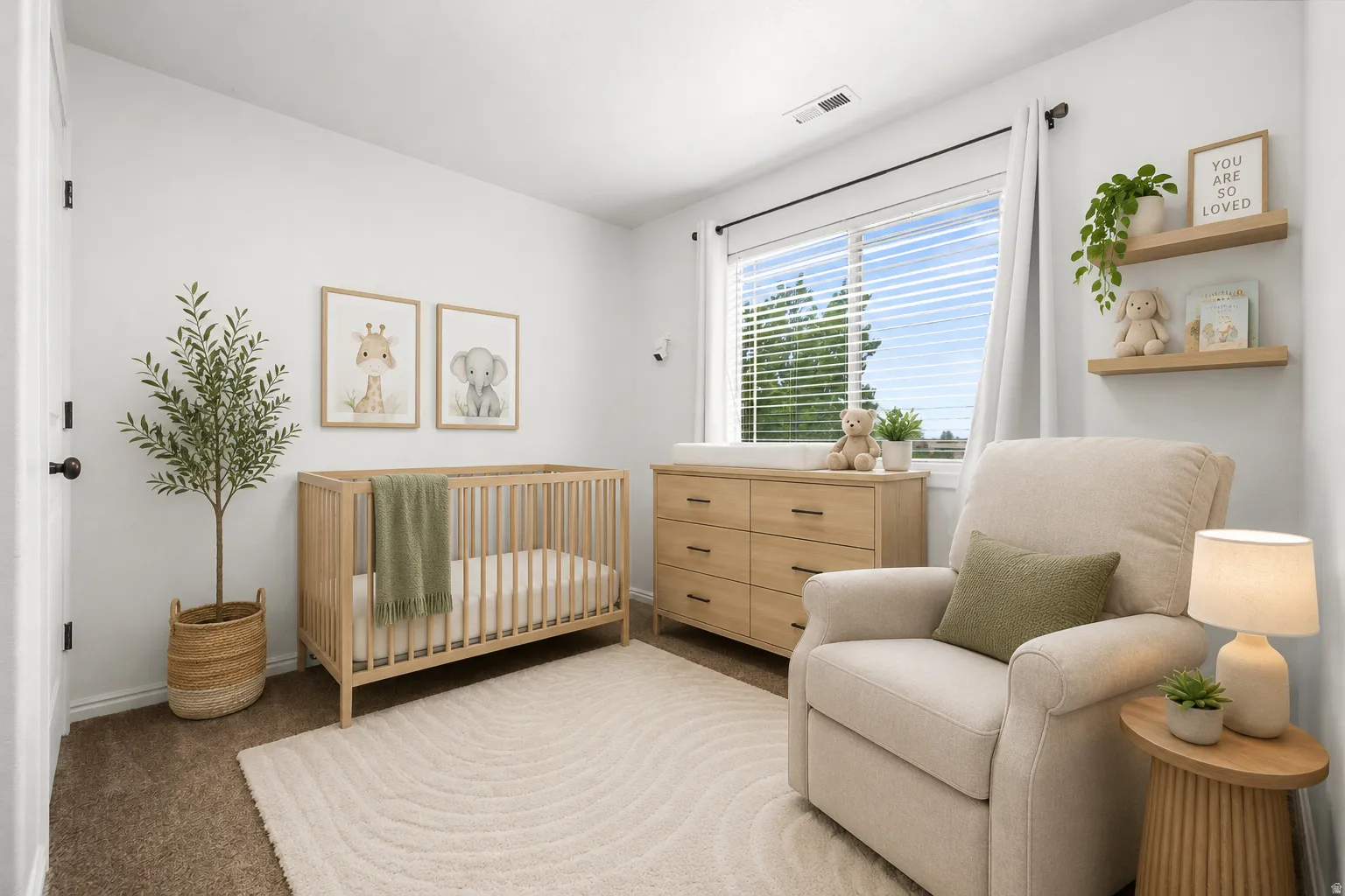 Bright room with carpeting, a large window, and wall-mounted shelving