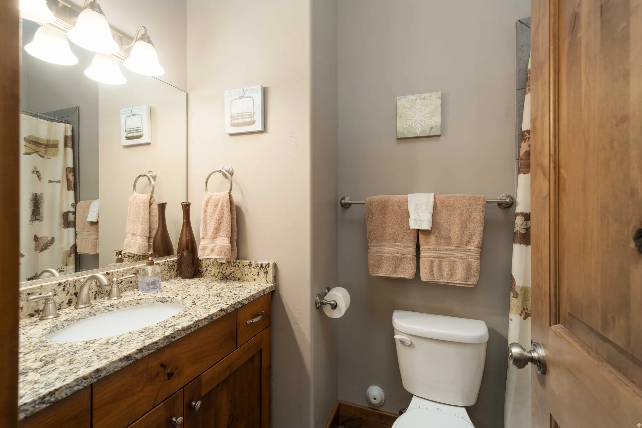 Bathroom featuring vanity and a shower with shower curtain