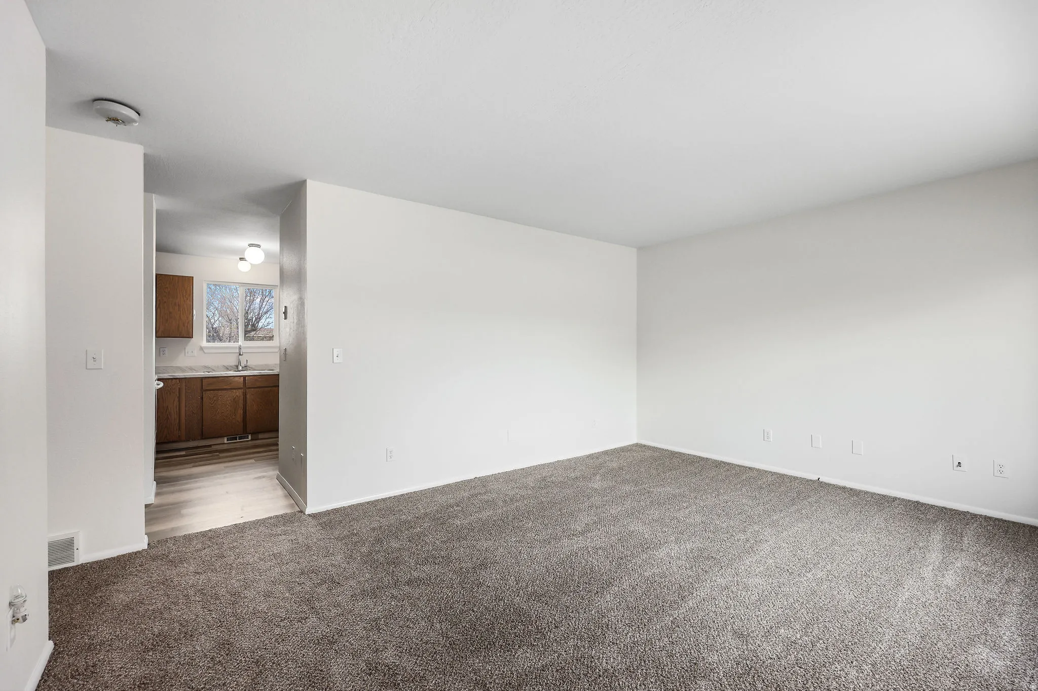 Unfurnished room featuring light carpet and baseboards