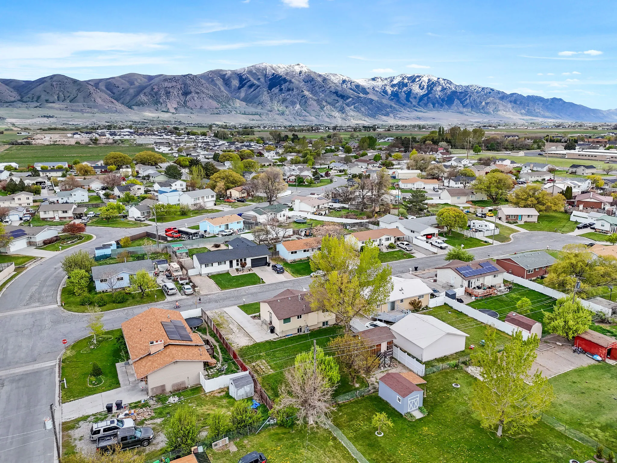 Aerial view of residential area with mountains