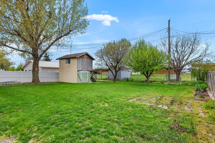 Fenced backyard featuring an outbuilding