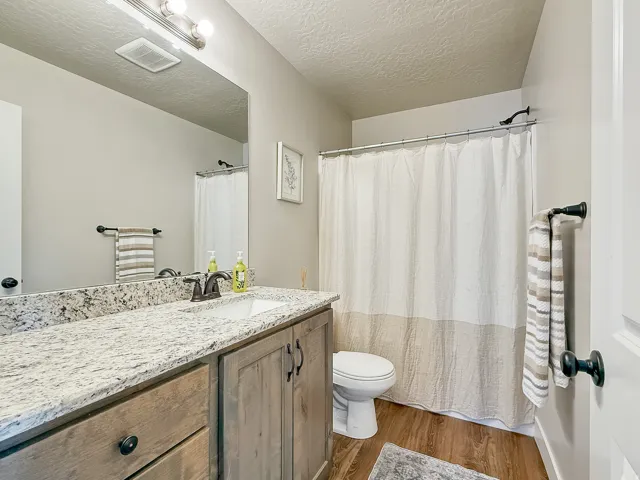 Full bath featuring vanity, dark wood-style flooring, a shower with curtain, and a textured ceiling