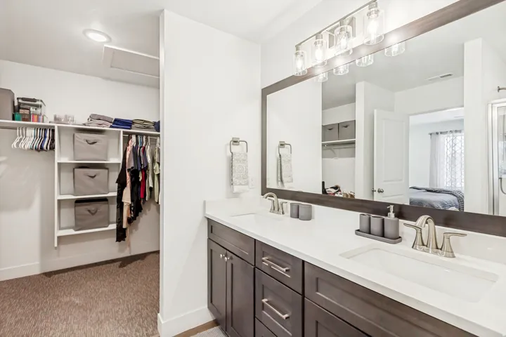 Ensuite bathroom with a walk in closet, double vanity, and light colored carpet