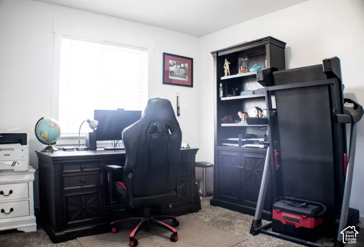 Bright white walls, neutral carpet, black built-in shelving, white window trim