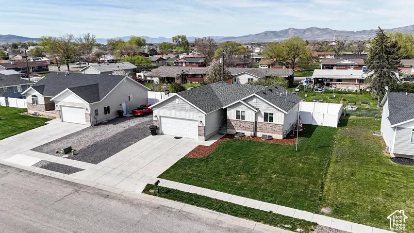 Aerial perspective of suburban area with mountains