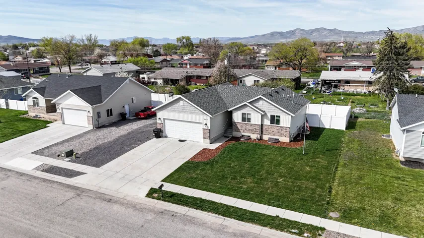 Aerial perspective of suburban area with mountains